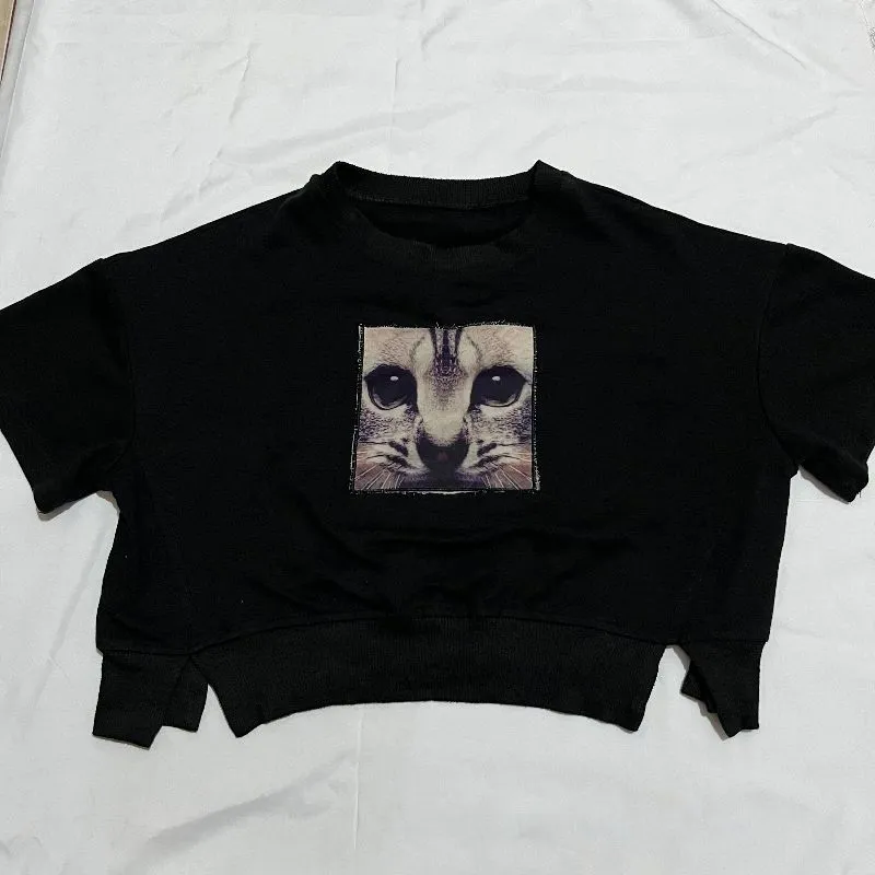 kaos crop hitam kucing atasan lengan pendek photo 1
