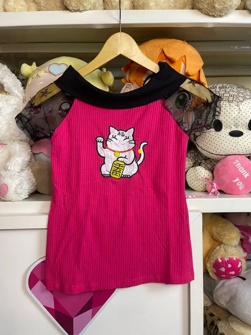 atasan semi crop rajut kombinasi kucing neko photo 1