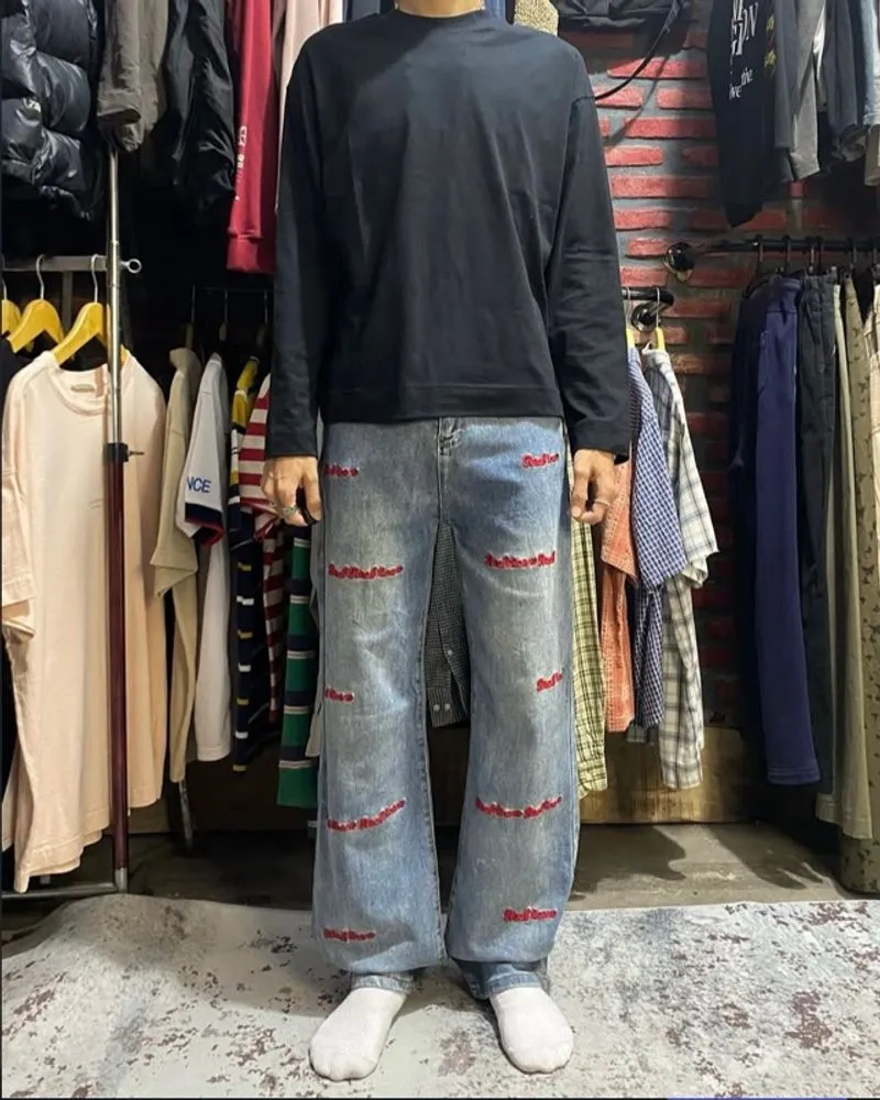 Baggy Jeans Y2k Blue Wash Embroidered photo 1
