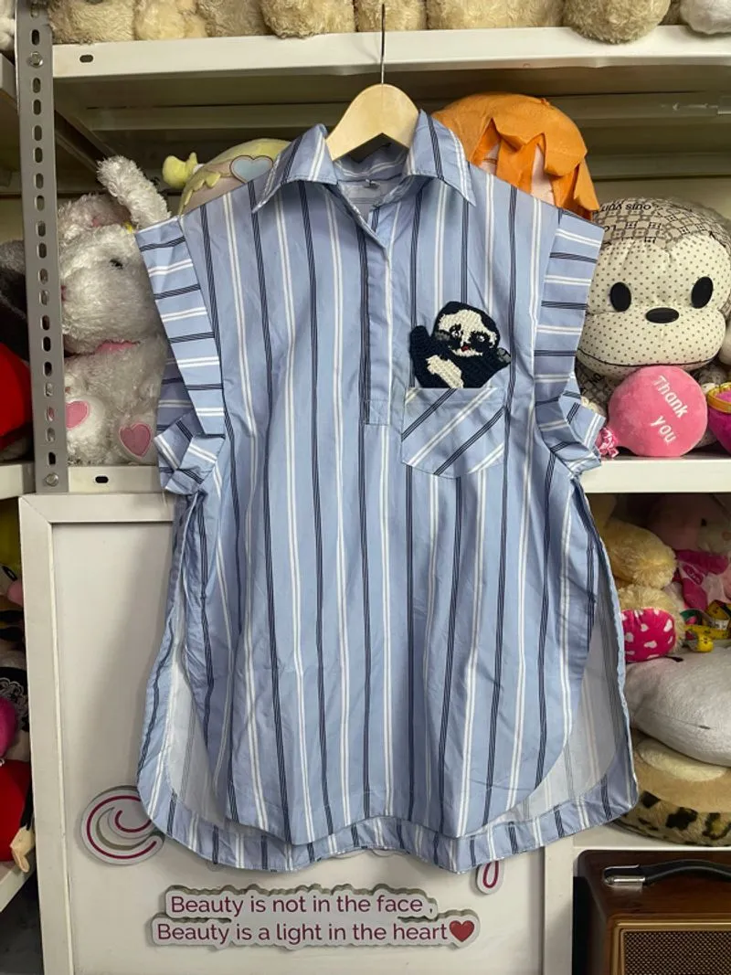 atasan kerah salur biru katun premi (-) photo 1