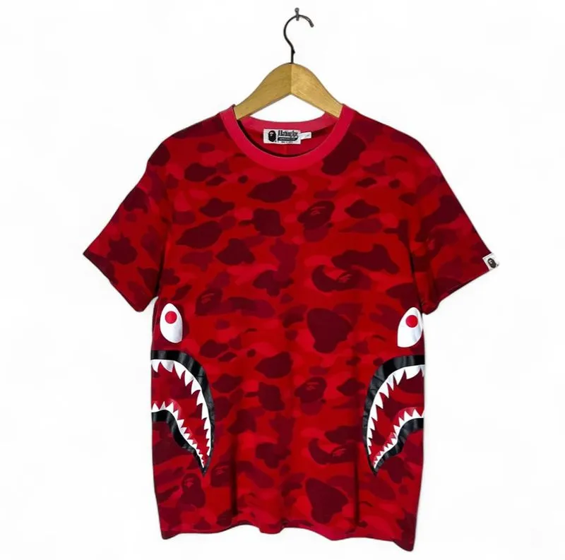 Bape A bathing ape Shark Camo red Tee Original photo 1