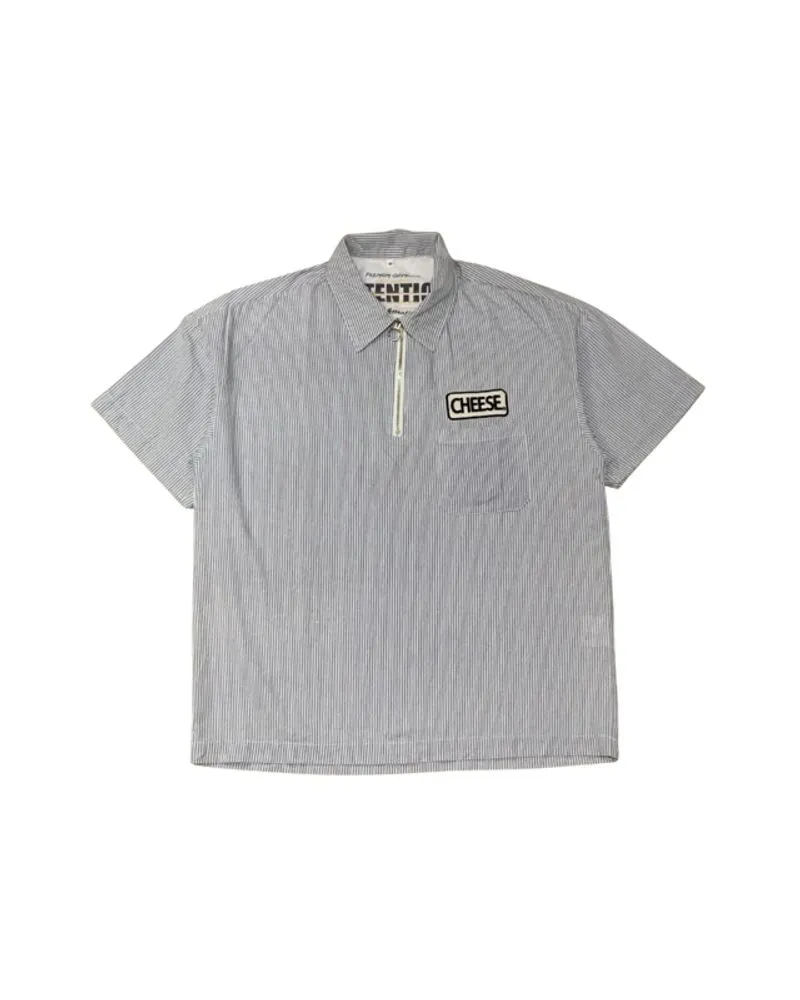 ATTENTICN Half Zipper Short Sleeve Shirt Striped Pattern Blu photo 1