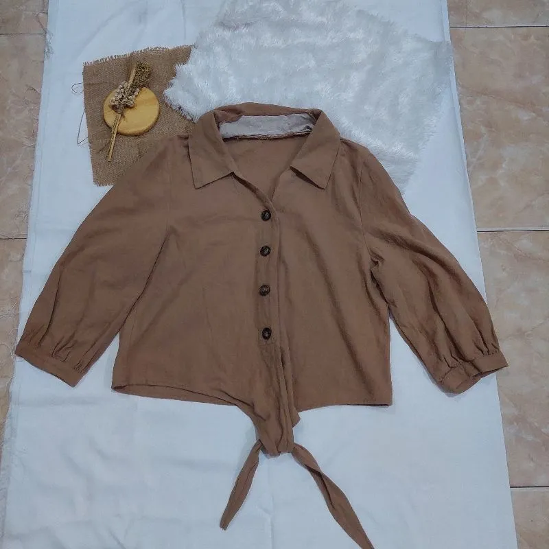 kemeja crop berkerah coklat brown shirt formal kantor kuliah photo 1