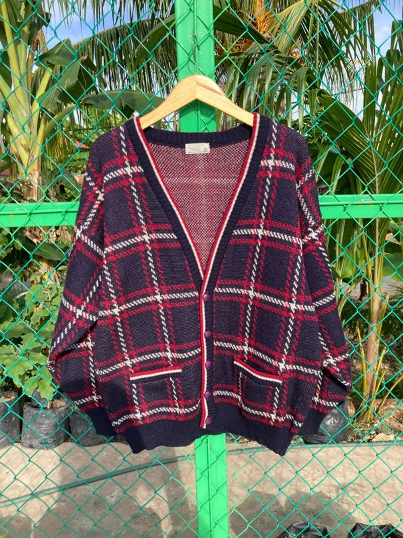 Vintage Aquascutum of London Checked Wool Cardigan Navy Red photo 1