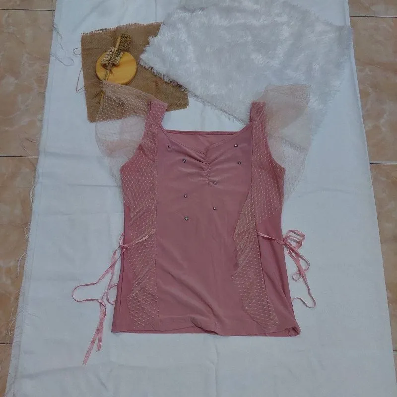 ruffle tille sleeve top / pink top / tank top pink photo 1