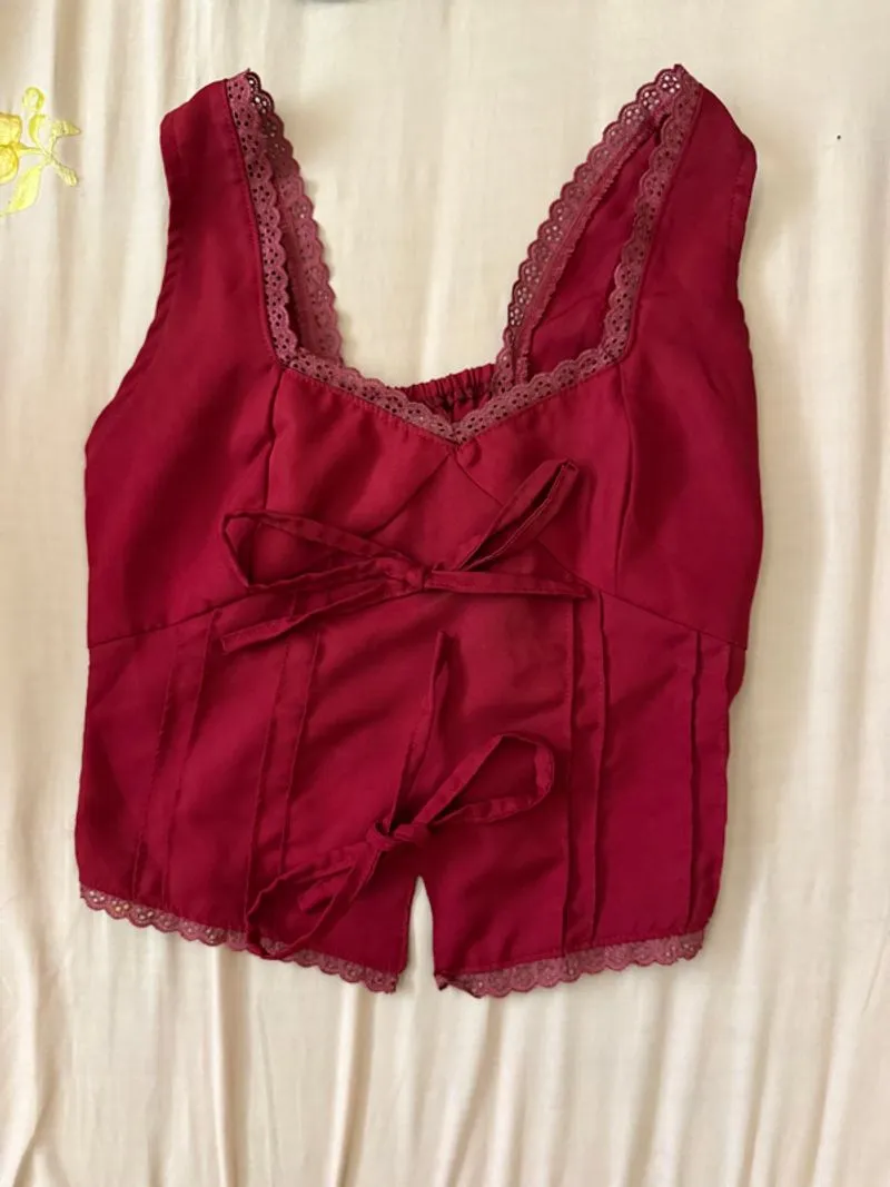 Red satin lace cami top with ribbon details photo 1