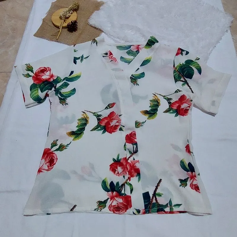 floral top flower blouse atasan putih lengan pendek bunga photo 1