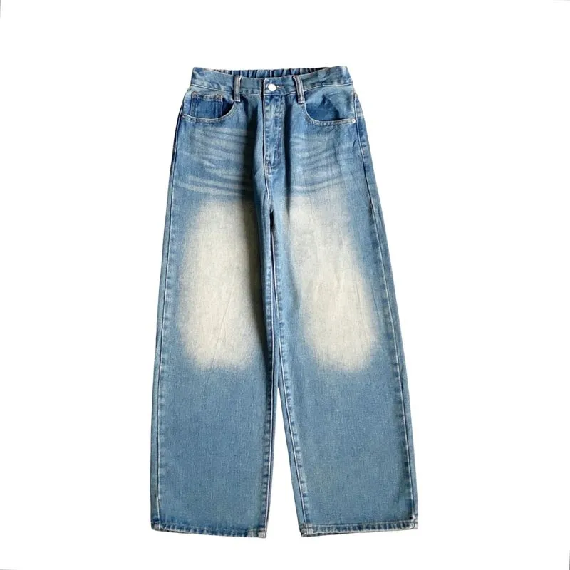 Distressed stretch waist jeans washed blue loose fit pants c photo 1