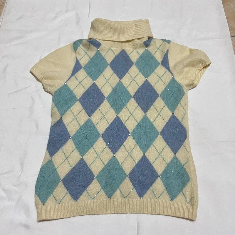 y2k turtleneck diamond plaid shirt atasan rajut knit korean  photo 1