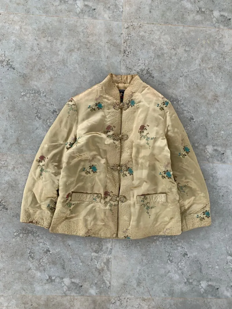 Vintage Golden Camel Floral Cheongsam Silk Jacket   photo 1