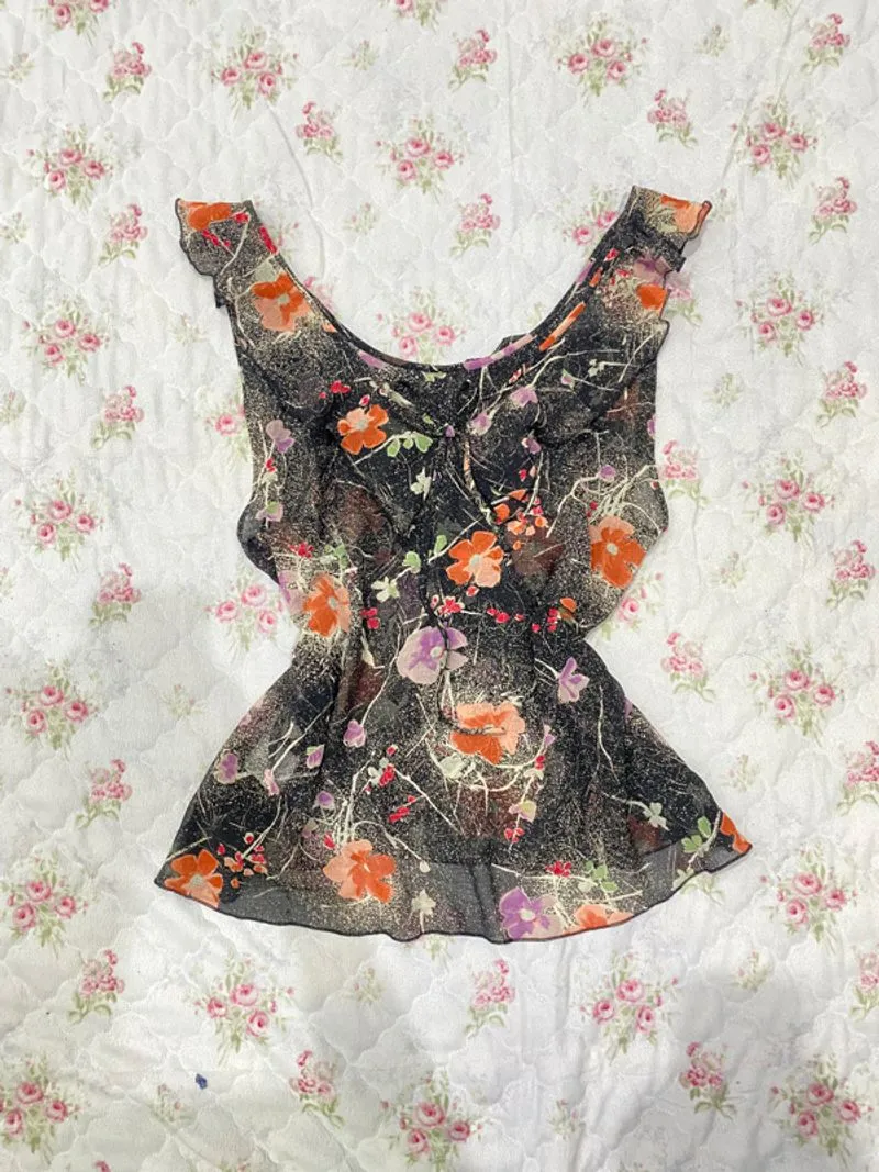Top black milkmaid mesh floral gliter goth grunge vintage photo 1