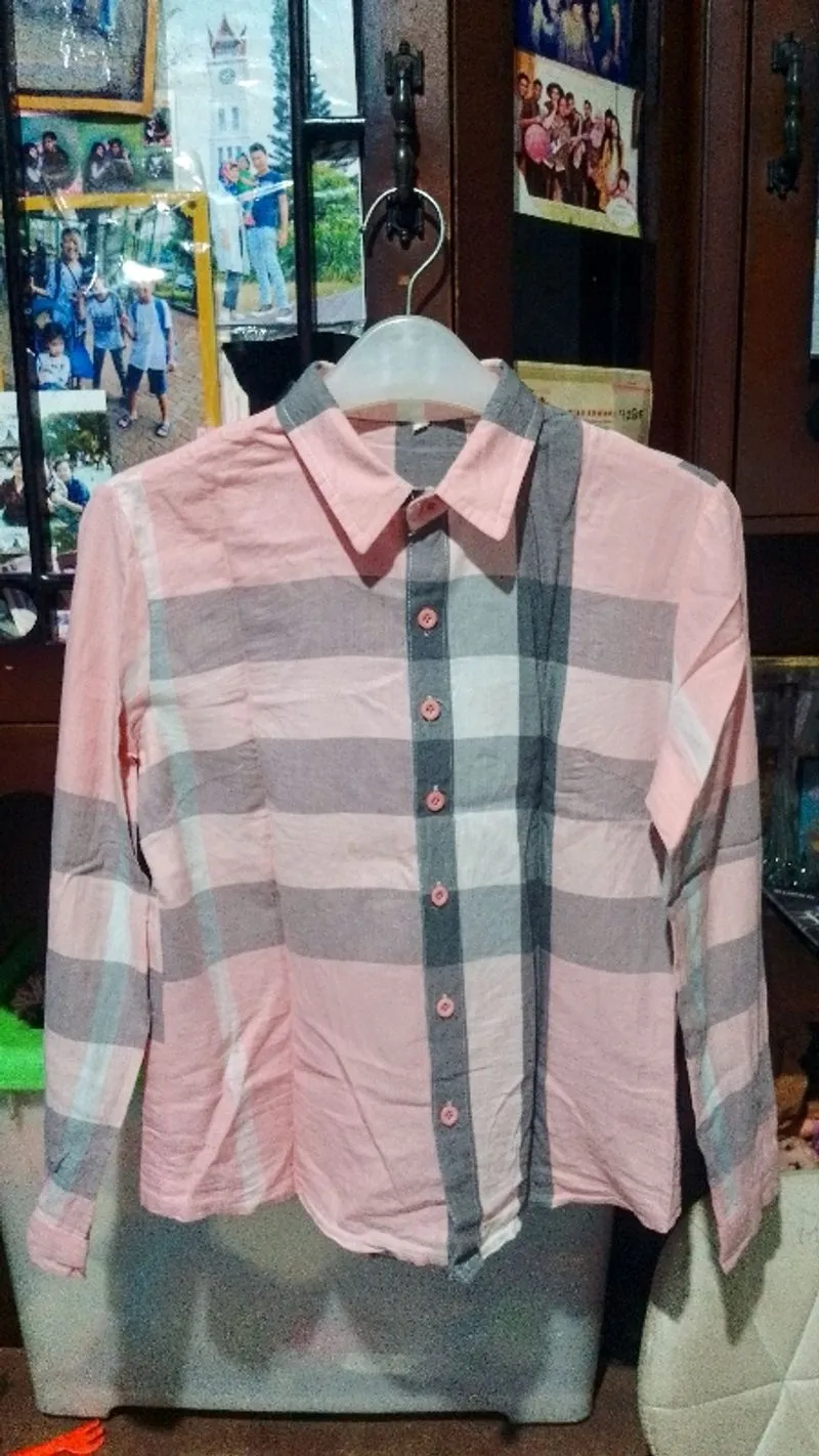 Kemeja Kotak-Kotak Wanita Pink Abu – Lengan Panjang photo 1