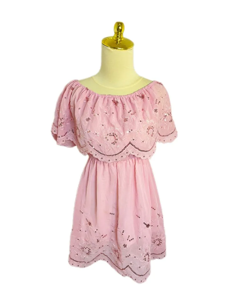 sweet pink off shoulder eyelet mini dress floral embroidery photo 1