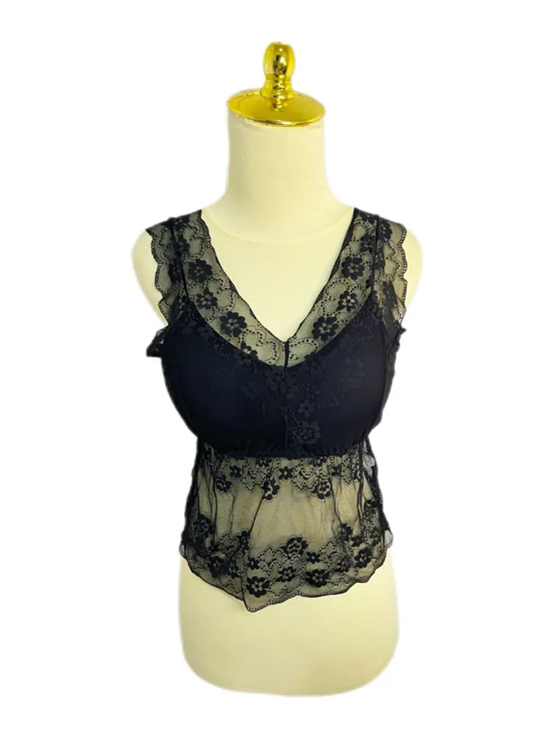 black lace sheer floral v neck tanktop bra sexy photo 1