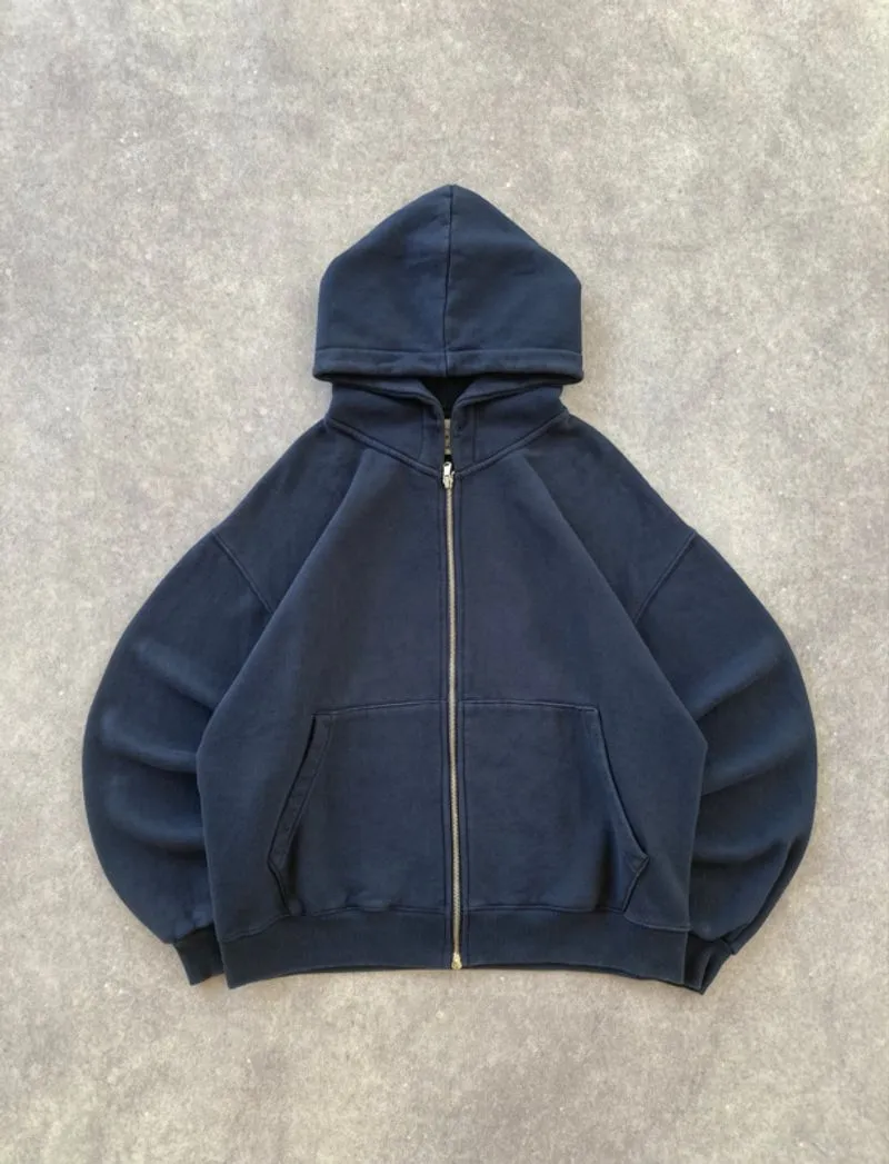 Boxy Navy Blank Heavyweight Double Zip Up Hoodie  photo 1