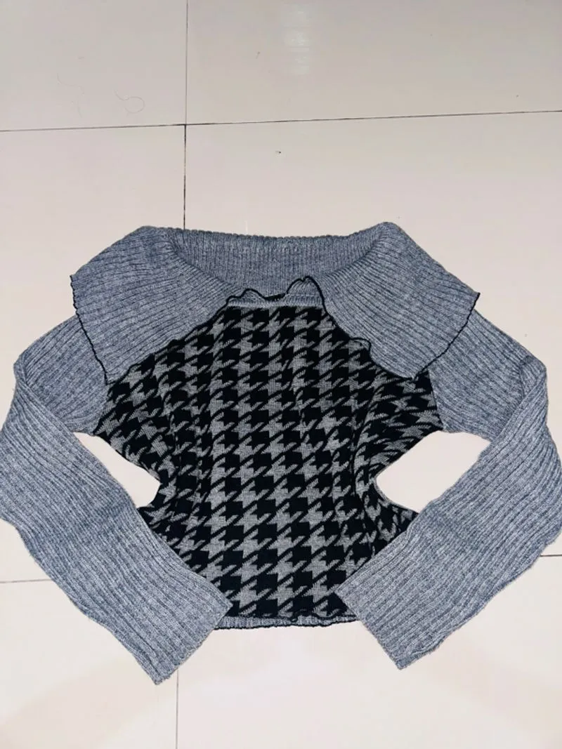 Sweater Rajut Crop Top Motif Houndstooth Abu Hitam photo 1
