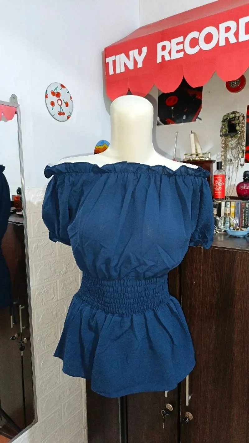 Y2k coquette offshoulder navy sabrina top photo 1