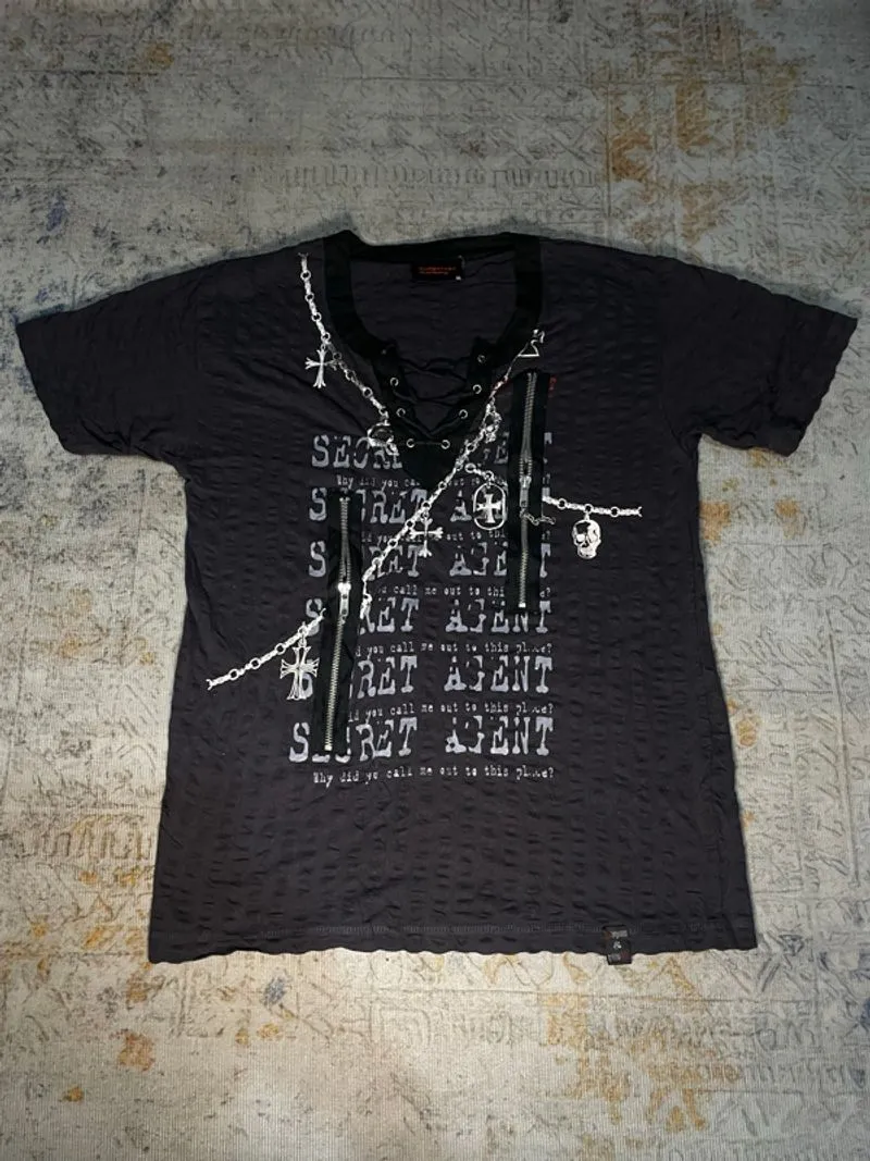 Dangerous Warning Japannese Gothic Bondage T Shirt Chain Y2k photo 1