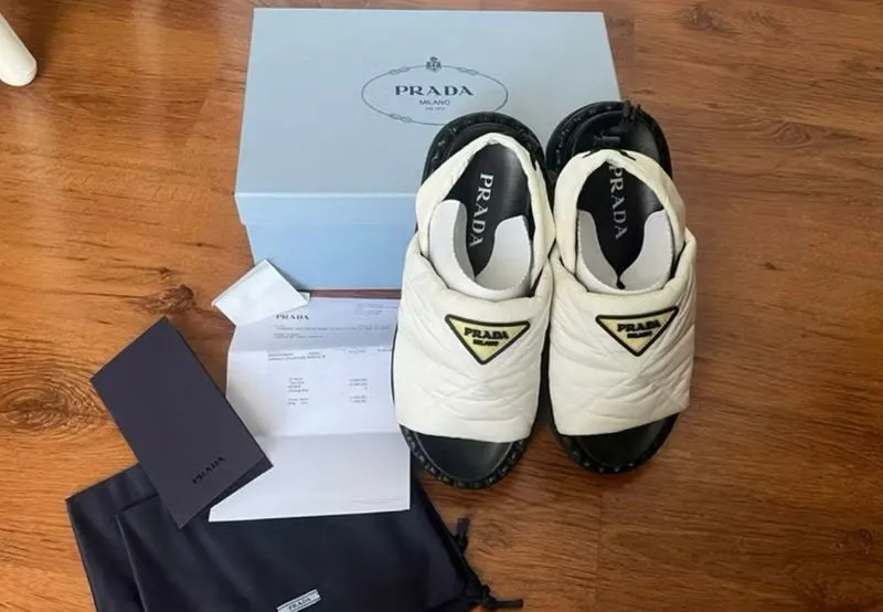 Prada womens Triangle Padded chunky sandal nylon white Preloved