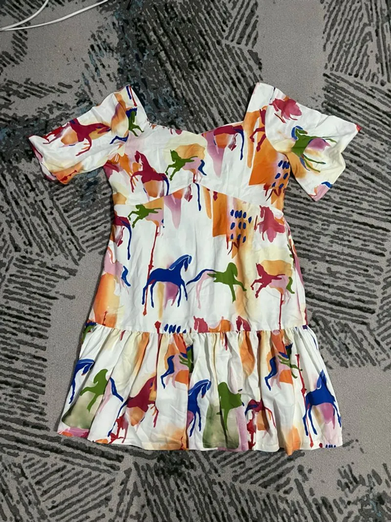 Colorful Horse Print Dress – Cotton Satin Edition  photo 1