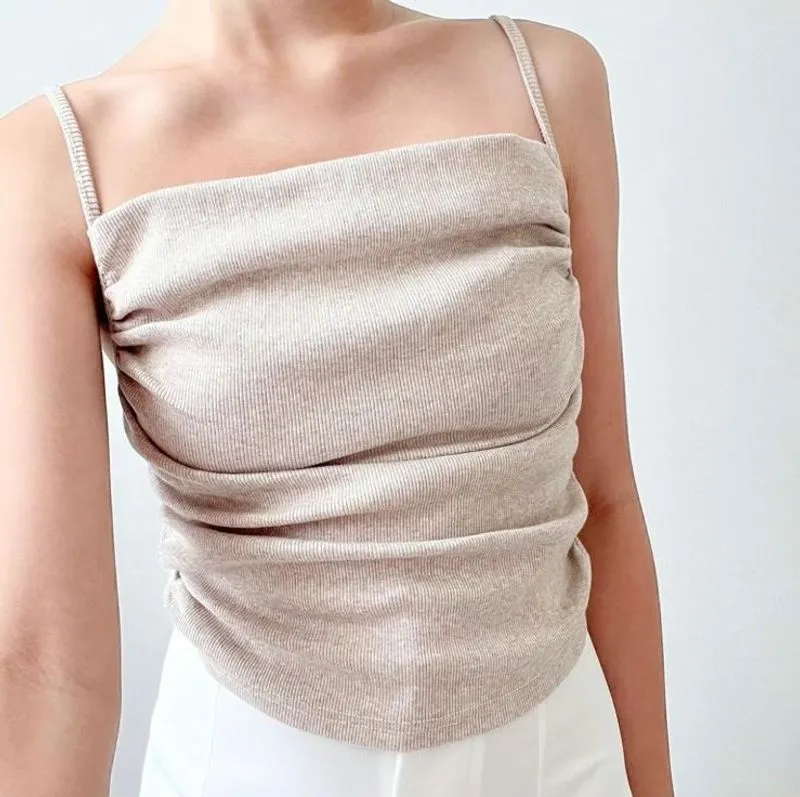 Ribbed Cotton Scrunch Tank Top Beige Knit Rib photo 1