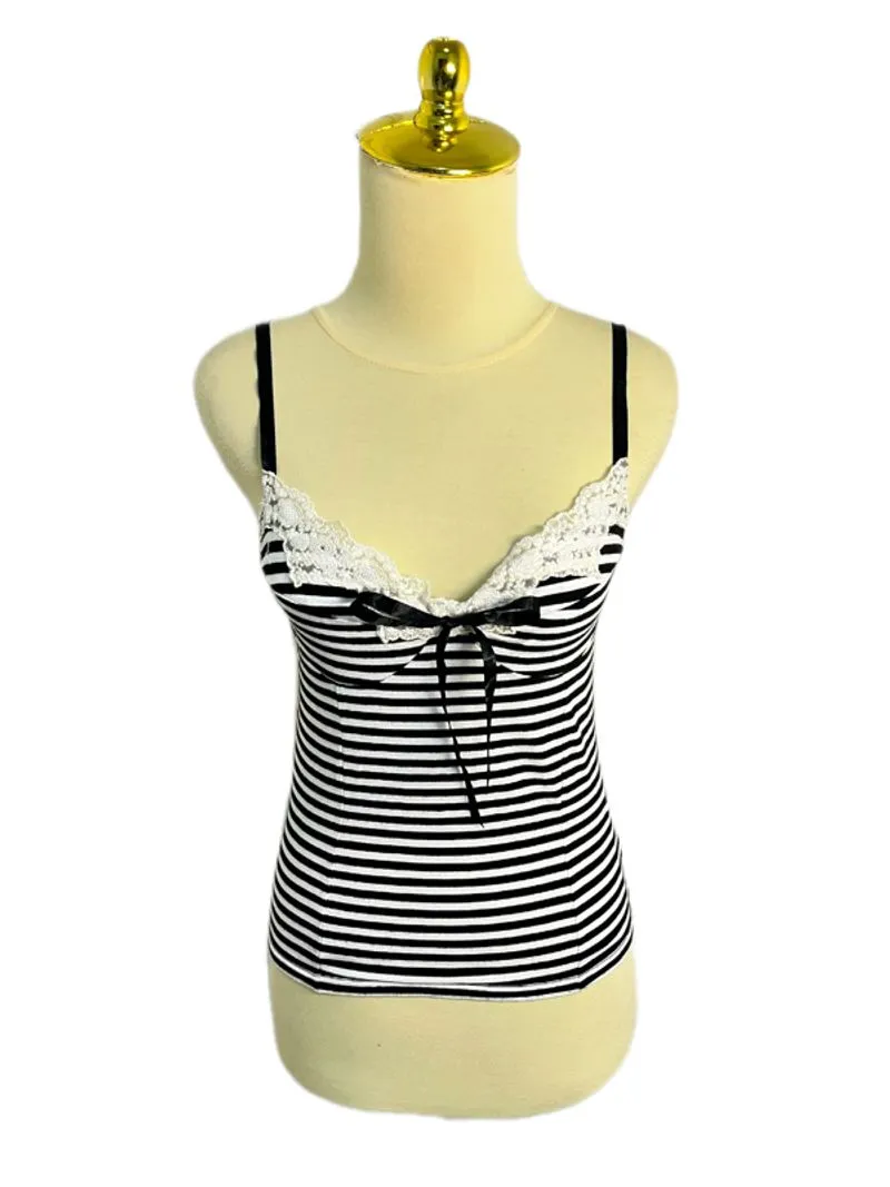 REAL RICHE black white striped cami tanktop lace trim bow photo 1
