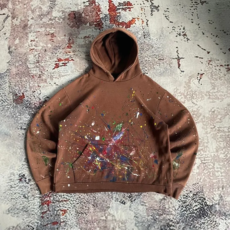 00s Boxy Fit Distressed Hoodie Brown Painting photo 1