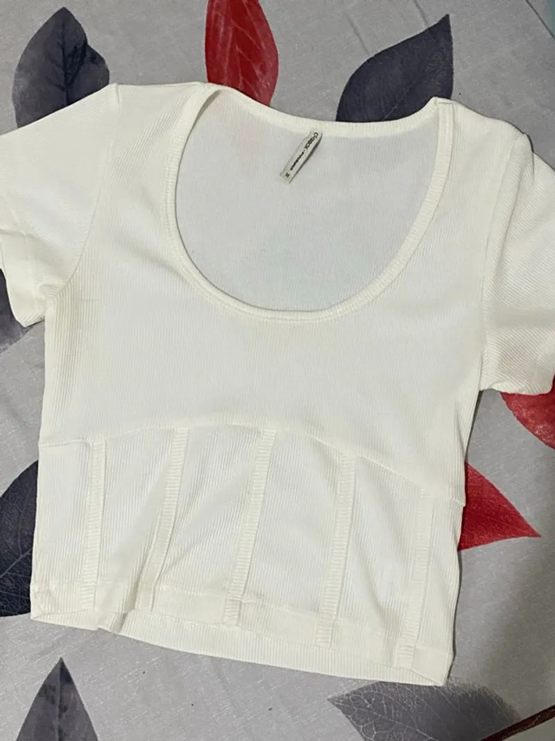 White Ribbed Corset Style Crop Top  photo 1