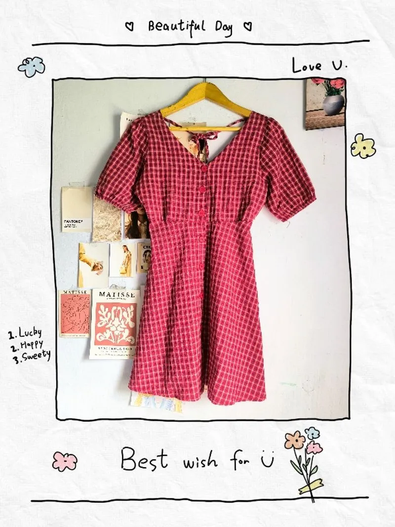 Dress kotak maroon gingham vintage summer photo 1