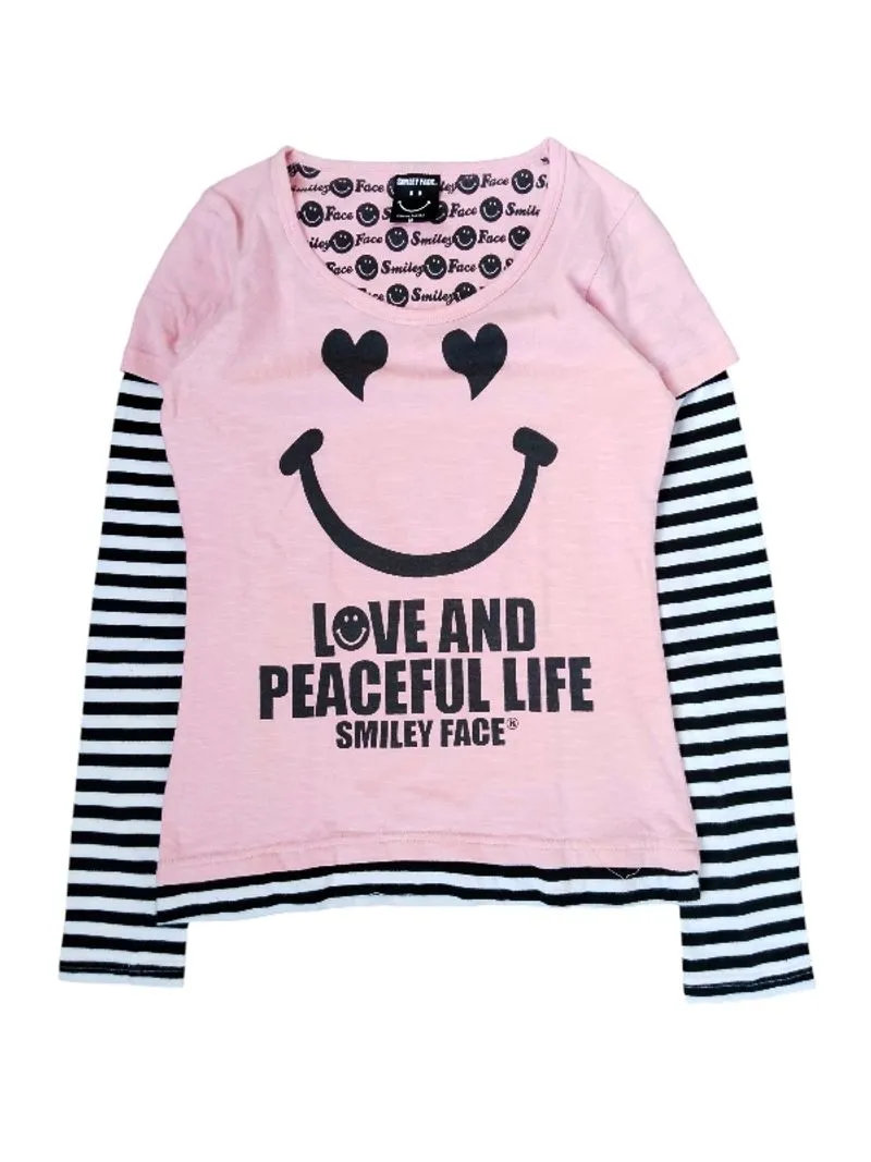 Smiley face graphic logo stripe long sleeve t shirt photo 1