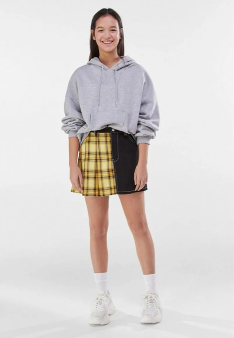 Bershka Two Tone Pleated Mini Skirt Yellow Tartan Mix Black  photo 1