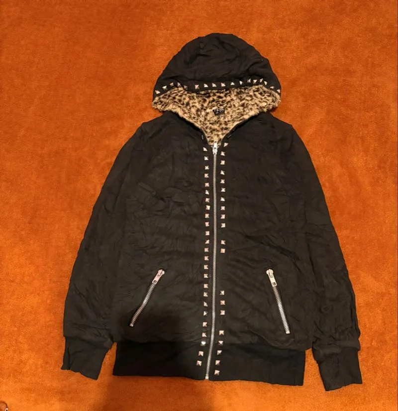 One Way black studded hoodie leopard print faux fur lining photo 1