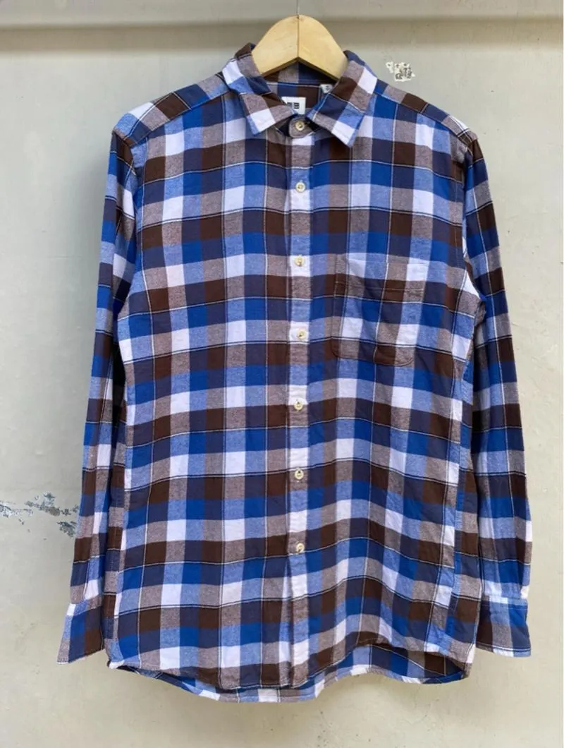 Kemeja Flannel Uniqlo Biru Putih Cokelat shirt photo 1