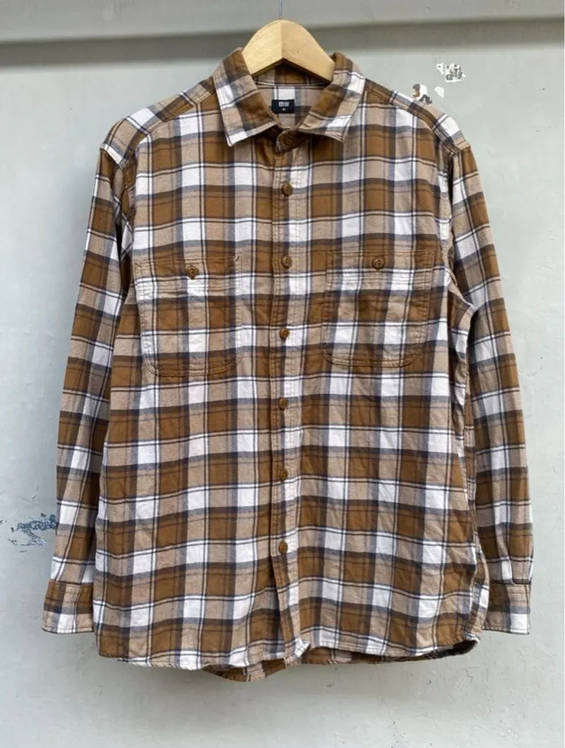 Flannel Uniqlo Brown White Cokelat Putih Shirt Kemeja photo 1