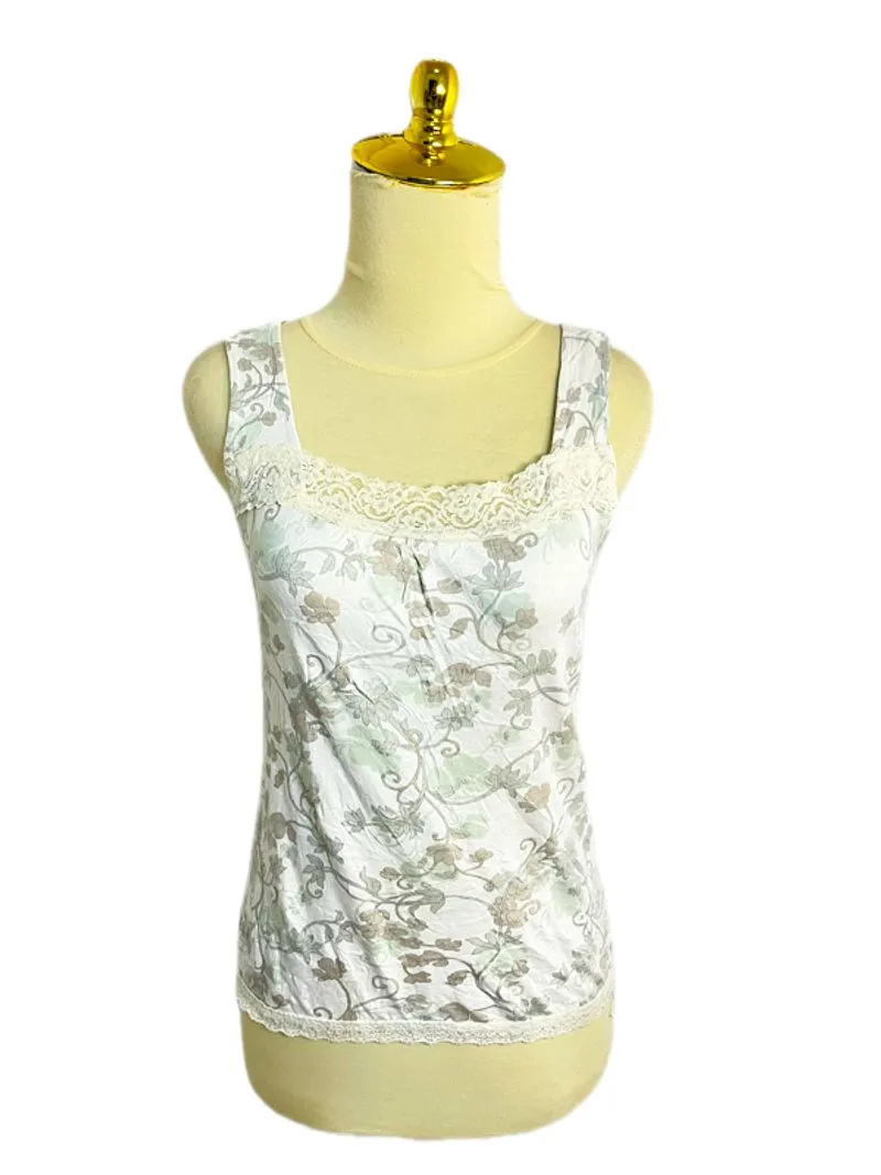 IDEA OF IMPROVE ivory sage floral lace trim square neck tank photo 1