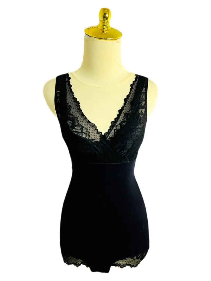black lace trim v neck overlayed romper bodysuit jumpsuit  photo 1