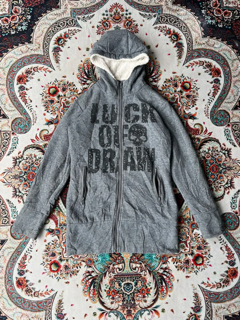 y2k grey full-zip hoodie with a sherpa-lined hood BRITISH photo 1
