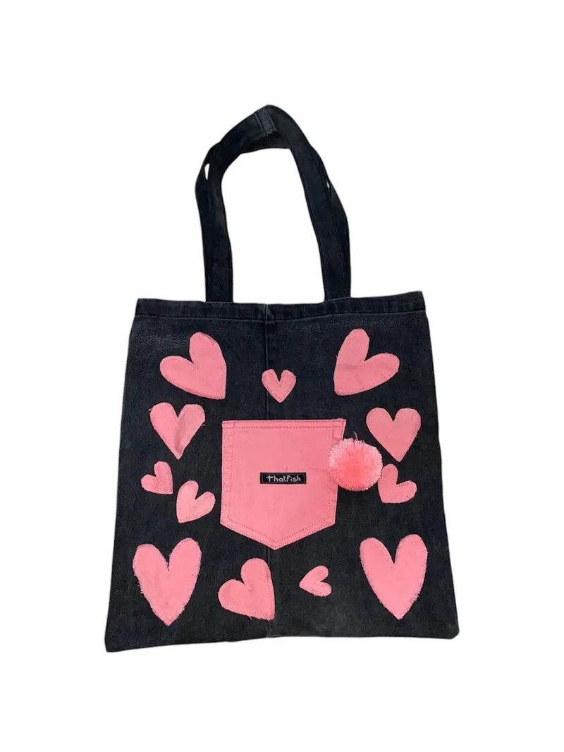 Vintage Reworked Tote bag Wanita pink black photo 1