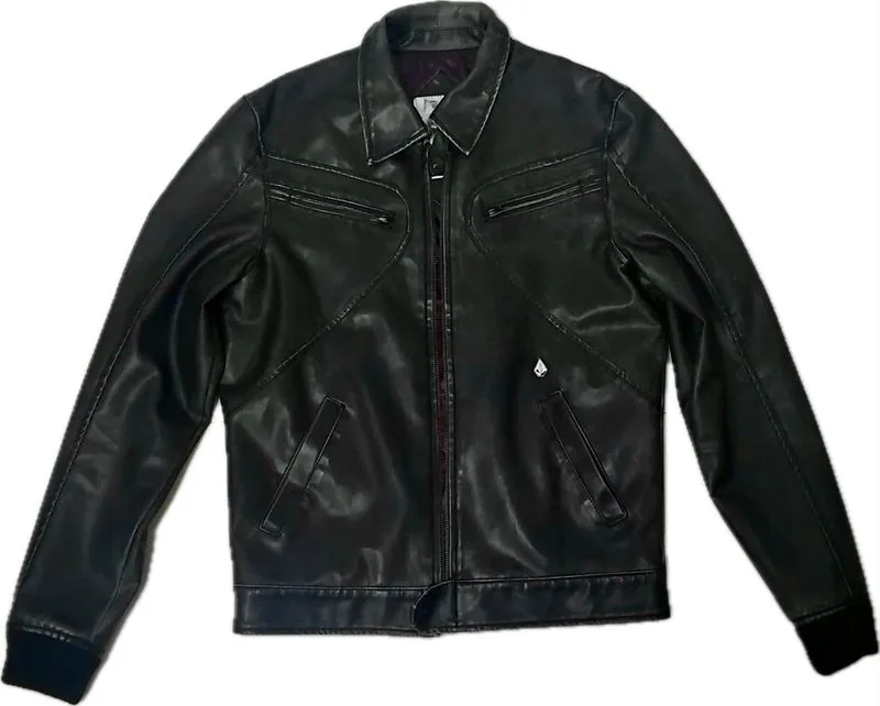 Volcom Detroit Black Leather Jacket with Purple Lining photo 1