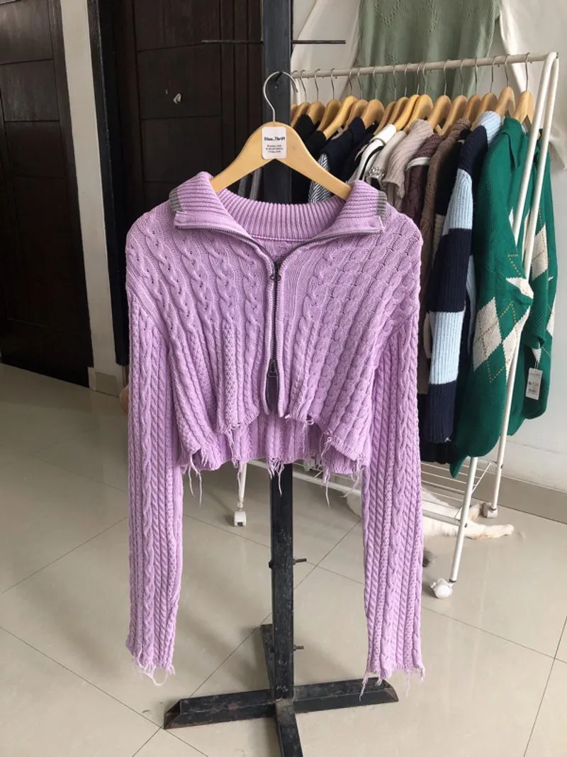 Atasan rajut cardigan double zipper cabble knit ungu lilac photo 1
