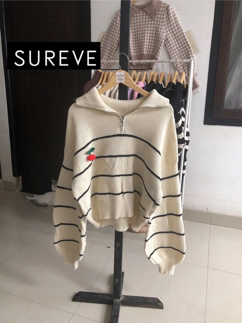 Atasan sweater rajut salur half zipper knitwear broken white photo 1