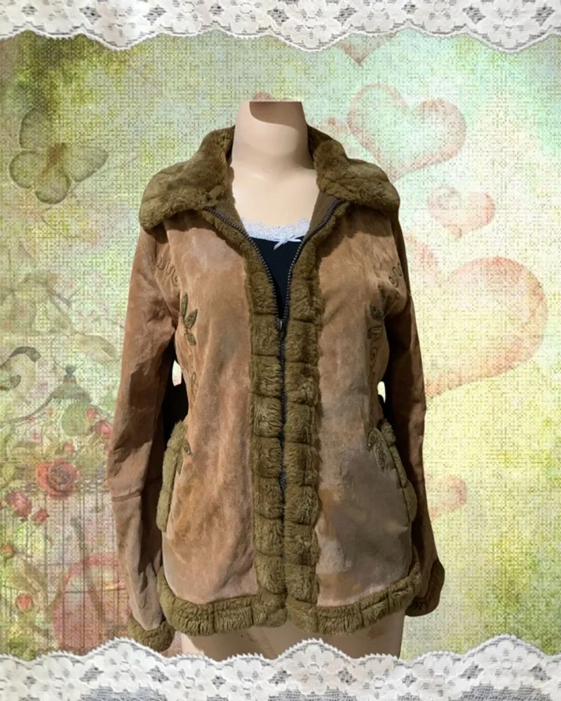 Vintage Y2K Brown Faux Suede Fur Trim Jacket photo 1