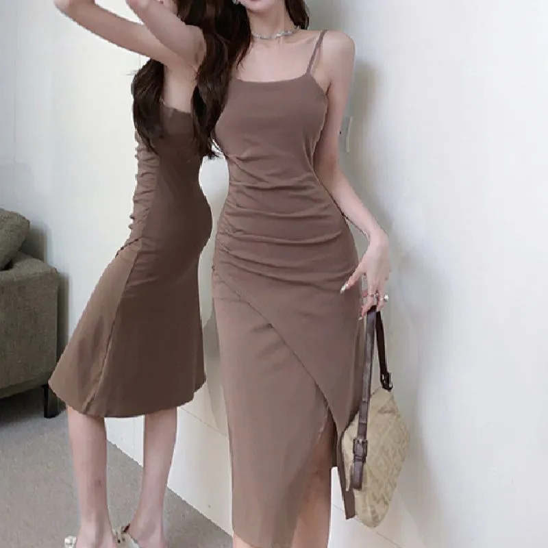 Midi Dress Slit Asymmetric Rib Knit Bodycon Import photo 1