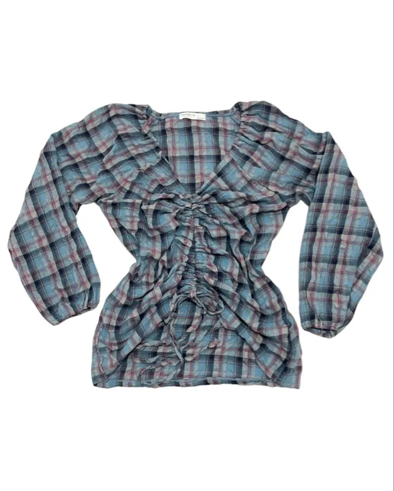 blue and pink plaid blouse photo 1