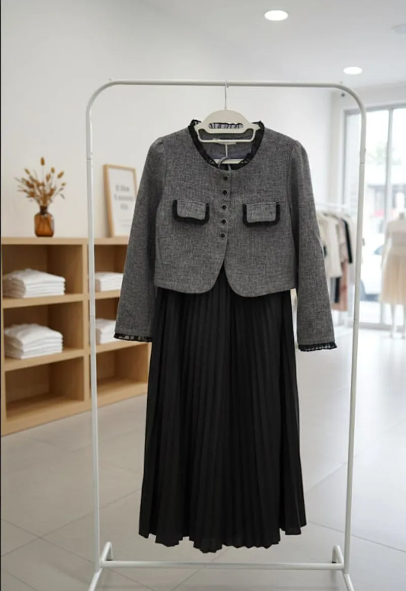 Set Outfit Korea Style – Tweed Jacket & Pleated Dress photo 1