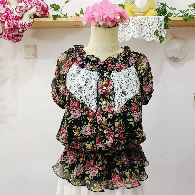 Joky Gal Floral Lace Ruffle Top • Coquette Lolita Morikei Ka photo 1