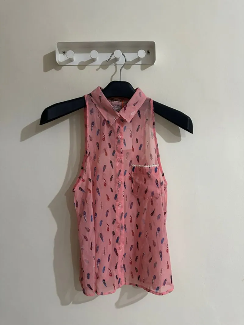 Bershka Feather sheer sleeveless pink shirt cut out tank photo 1