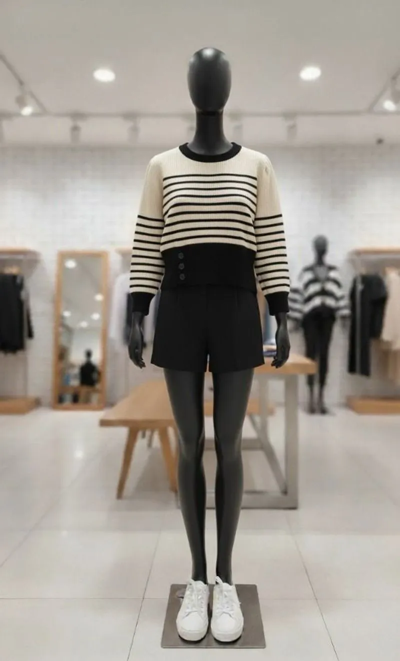 Sweater Crop Rajut Tebal Salur O Neck Wanita photo 1