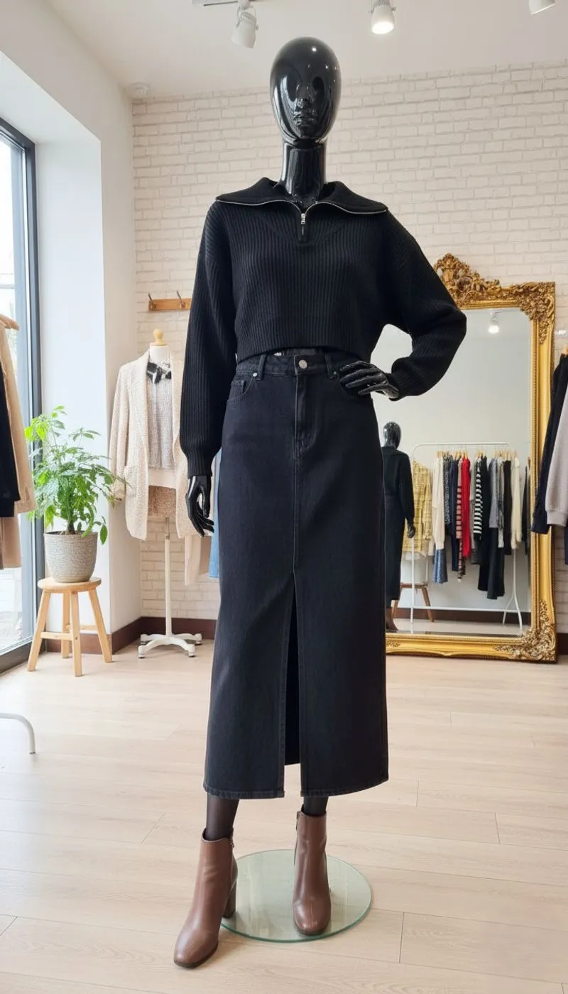 Sweater Crop Half Zipper Hitam Wanita photo 1