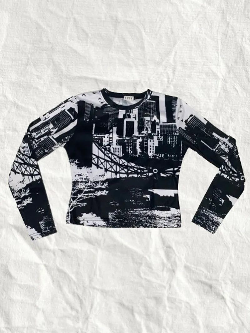 Y2K Indie Crop top Wanita white black photo 1